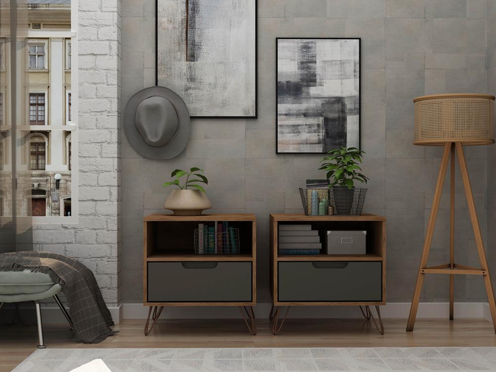 Manhattan Comfort - Rockefeller Nightstand with 2 Drawers in Nature and Textured Grey - Set of 2 - 2-101GMC7 veiw 7