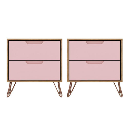 Manhattan Comfort - Rockefeller Nightstand with 4 Drawers in Nature and Rose Pink - Set of 2 - 2-102GMC6 veiw 1