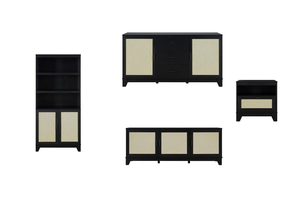 Manhattan Comfort - 4-Piece Sheridan Living Room with 4 , Nightstand - Full Extension, Sideboard Cabinet - Full Extension Drawers in Black - 4-3456GLF-BK veiw 1