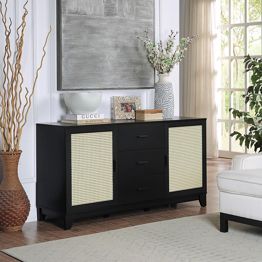 Manhattan Comfort - 4-Piece Sheridan Living Room with 4 , Nightstand - Full Extension, Sideboard Cabinet - Full Extension Drawers in Black - 4-3456GLF-BK veiw 2