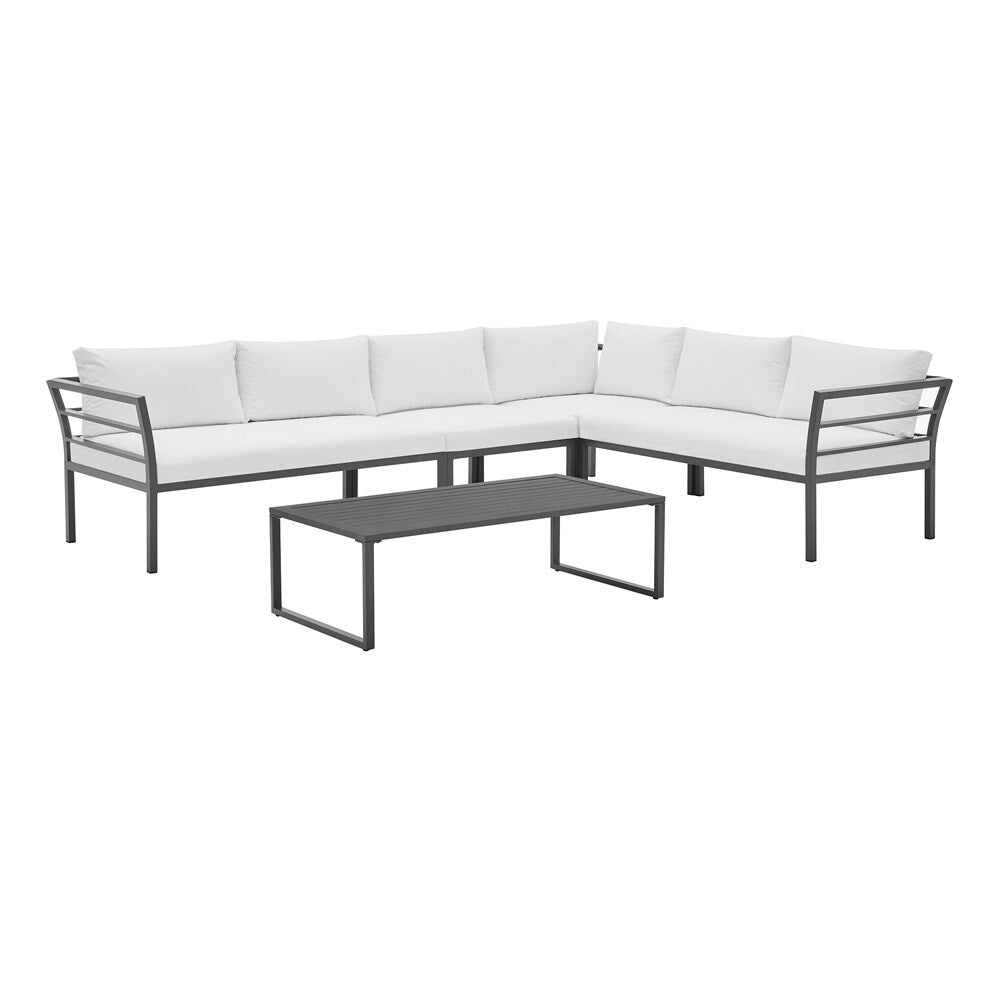 Manhattan Comfort - 5-Piece Sunnyside Polyester Corner Patio Conversation Set with Steel Legs in White - OD-CV026-WH veiw 1