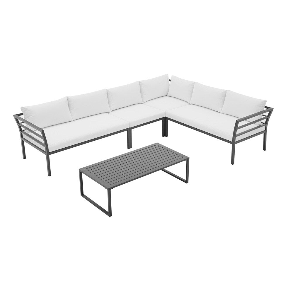 Manhattan Comfort - 5-Piece Sunnyside Polyester Corner Patio Conversation Set with Steel Legs in White - OD-CV026-WH veiw 2