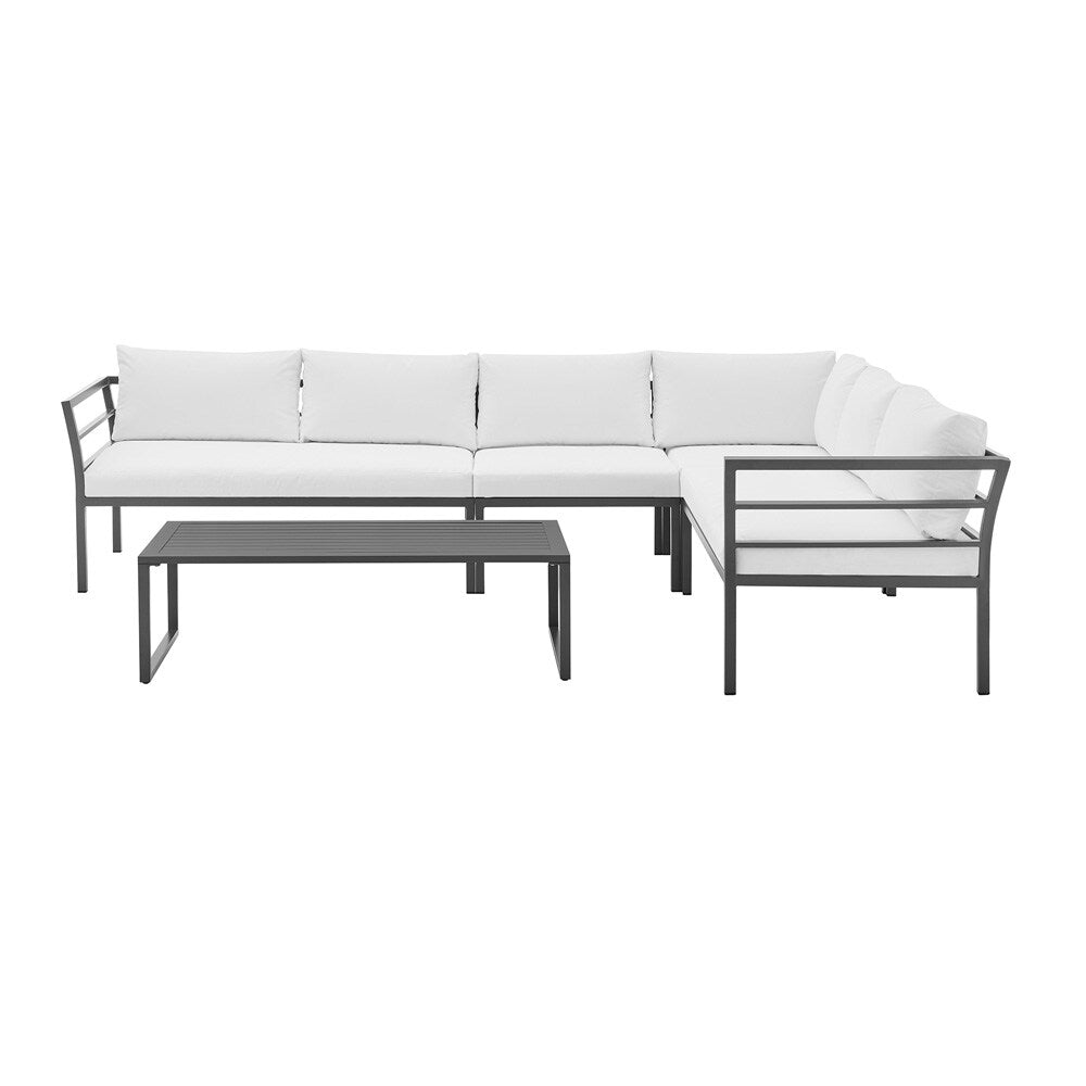 Manhattan Comfort - 5-Piece Sunnyside Polyester Corner Patio Conversation Set with Steel Legs in White - OD-CV026-WH veiw 3