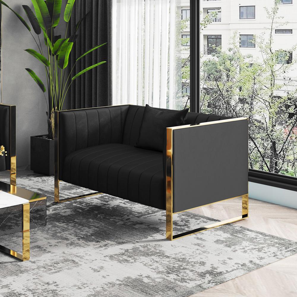 Manhattan Comfort - Trillium Velvet Loveseat with Metal Legs in Black and Gold - LS016-BK veiw 6