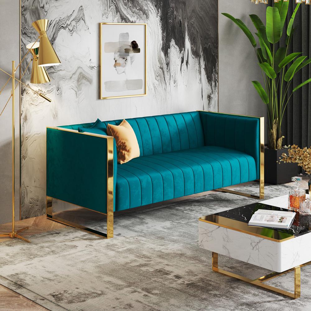 Manhattan Comfort - Trillium Velvet Sofa with Metal Legs in Aqua Blue and Gold - SF009-TL veiw 6