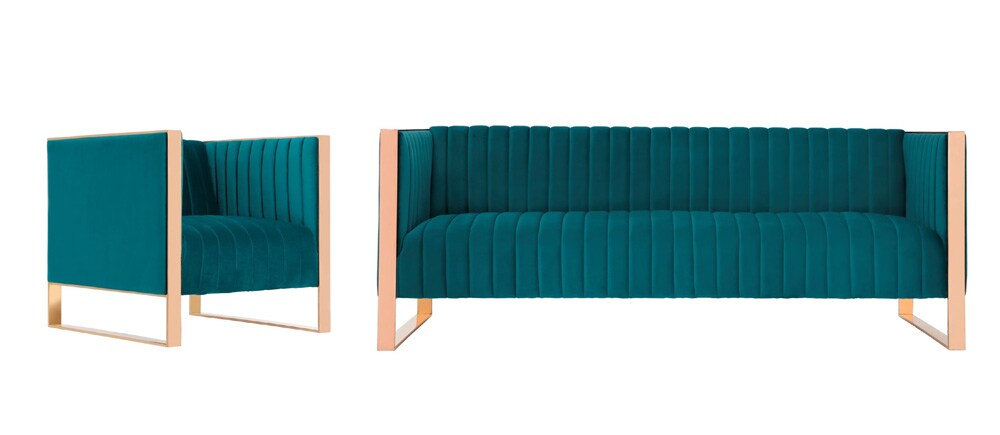 Manhattan Comfort - 2-Piece Trillium Velvet Sofa and Arm Chair Set with Metal Legs in Teal and GoldAqua Blue and Gold - 2-SS559-TL veiw 1