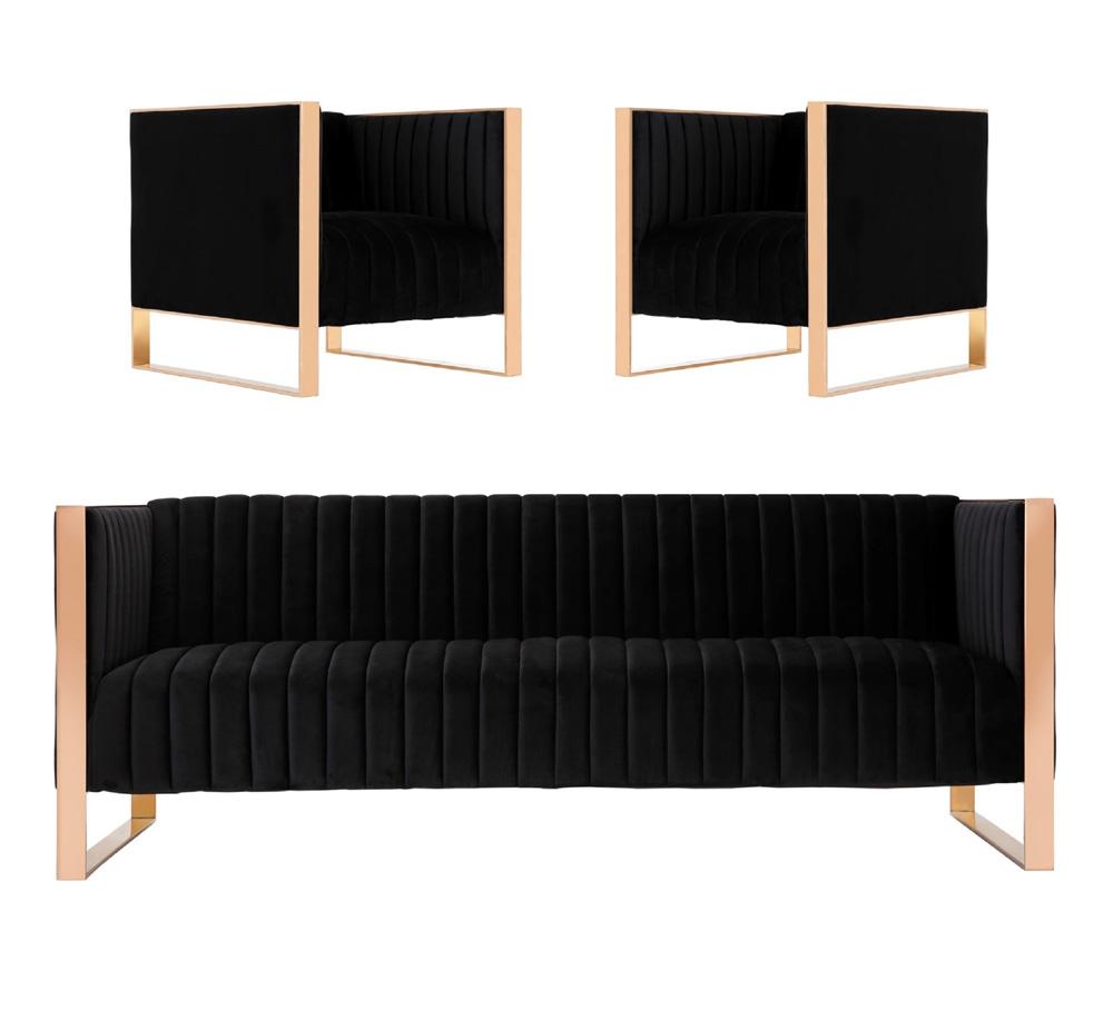 Manhattan Comfort - 3-Piece Trillium Velvet Sofa and Arm Chair Set with Metal Legs in Black and Gold - 3A-SS559-BK veiw 1