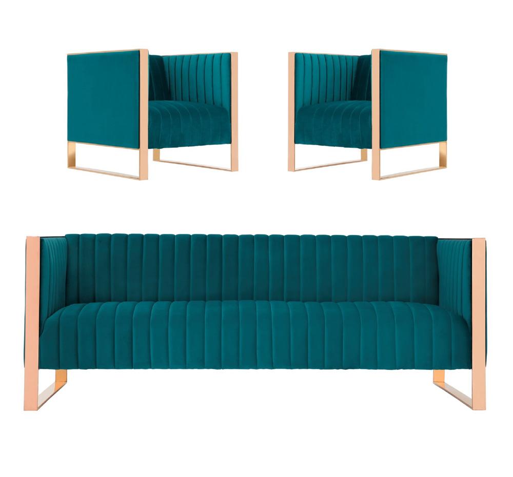 Manhattan Comfort - 3-Piece Trillium Velvet Sofa and Arm Chair Set with Metal Legs in Teal and GoldAqua Blue and Gold - 3A-SS559-TL veiw 1