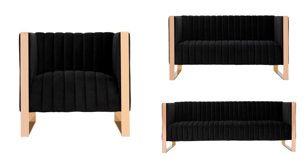 Manhattan Comfort - 3-Piece Trillium Velvet Sofa, Loveseat and Armchair Set with Metal Legs in Black and Gold - 3-SS559-BK veiw 1