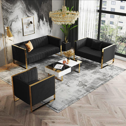 Manhattan Comfort - 3-Piece Trillium Velvet Sofa, Loveseat and Armchair Set with Metal Legs in Black and Gold - 3-SS559-BK veiw 6