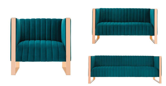 Manhattan Comfort - 3-Piece Trillium Velvet Sofa, Loveseat and Armchair Set with Metal Legs in Teal and GoldAqua Blue and Gold - 3-SS559-TL veiw 1