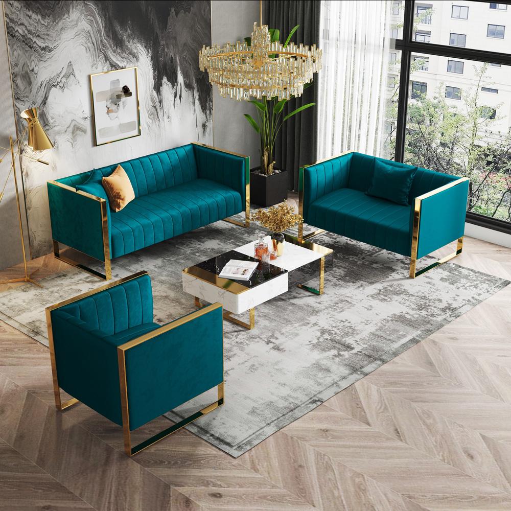 Manhattan Comfort - 3-Piece Trillium Velvet Sofa, Loveseat and Armchair Set with Metal Legs in Teal and GoldAqua Blue and Gold - 3-SS559-TL veiw 7