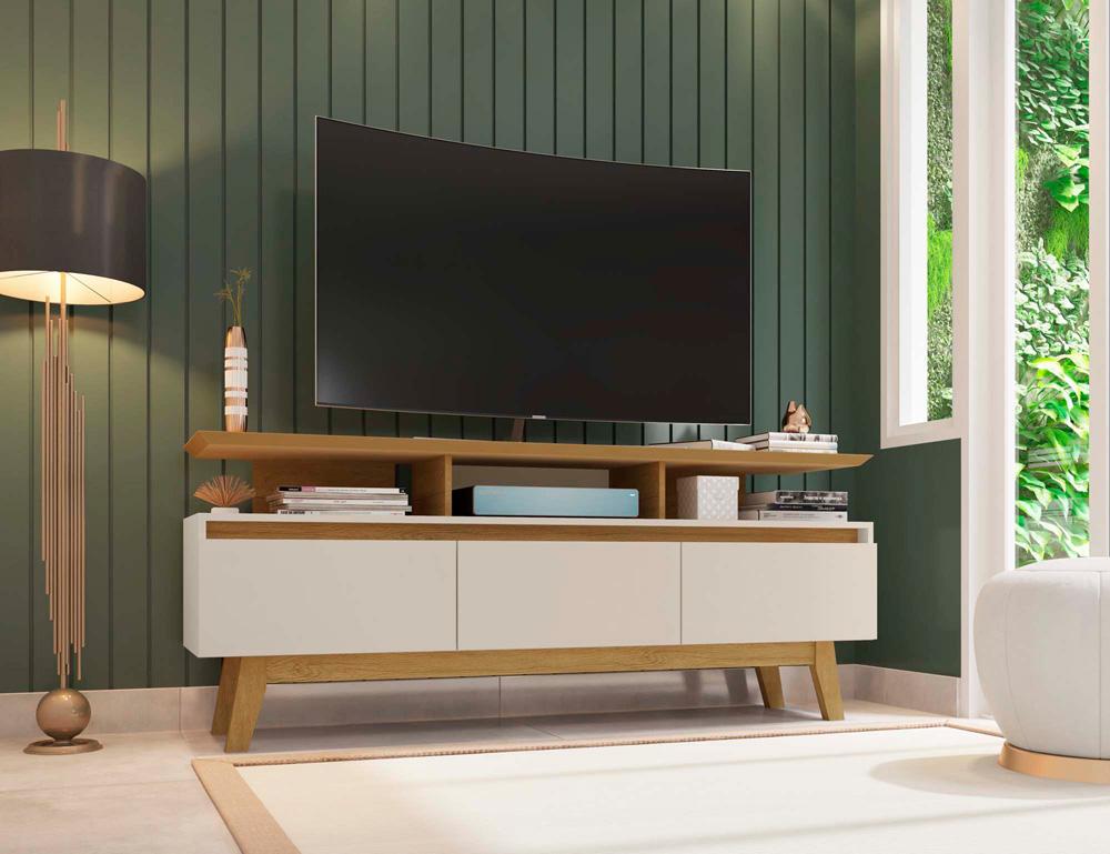 Manhattan Comfort - Yonkers 63W TV Stand with 6 Fixed Shelves Shelves in Off White and Cinnamon - 233BMC12 veiw 8