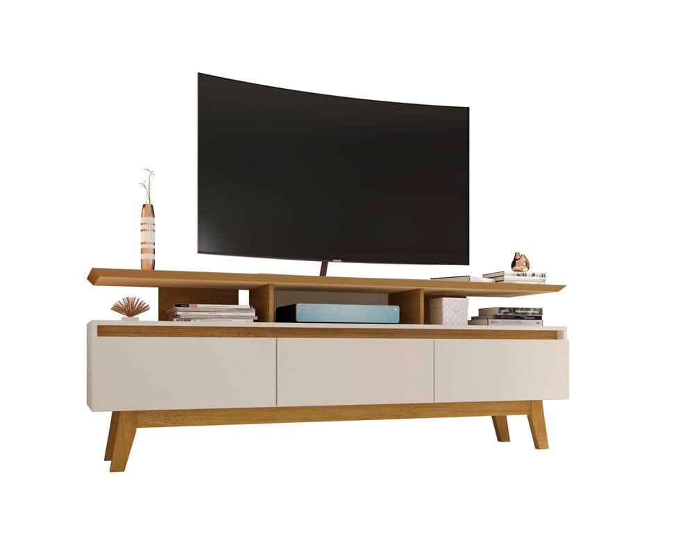Manhattan Comfort - Yonkers 70W TV Stand with 6 Fixed Shelves Shelves in Off White and Cinnamon - 234BMC12 veiw 3