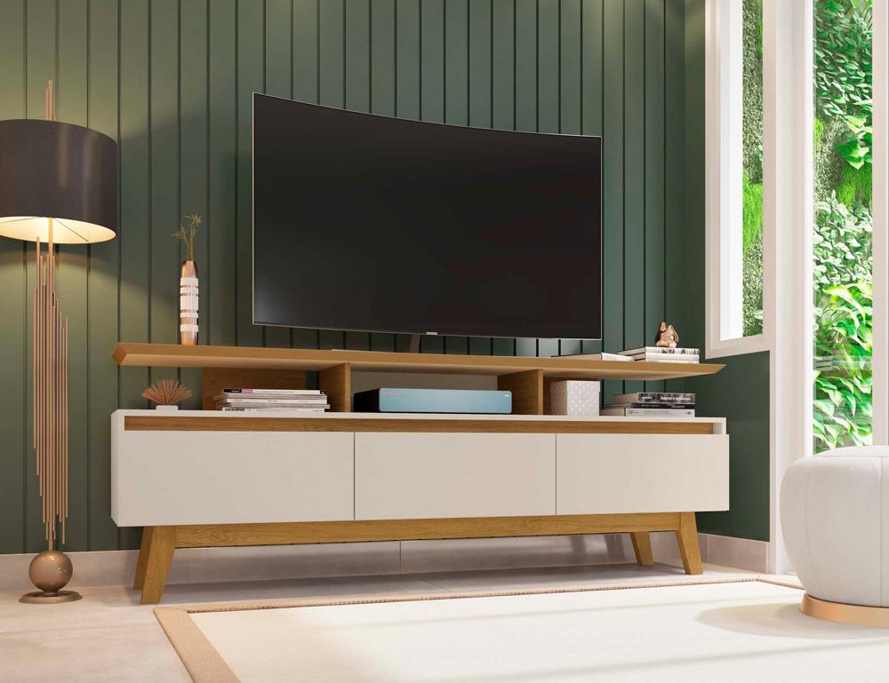 Manhattan Comfort - Yonkers 70W TV Stand with 6 Fixed Shelves Shelves in Off White and Cinnamon - 234BMC12 veiw 8
