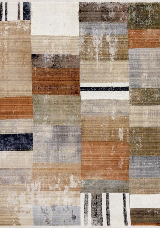 Kalora Interiors - Serene Beige Orange Blue Cream Patchwork Quilt Design Rug, 710in x 102in - D975/4919 240310 veiw 1