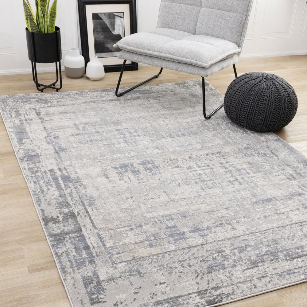 Kalora Interiors - Luca Grey White Blue Distressed Border Rug, 53in x 77in - F113/0454 160230 veiw 2