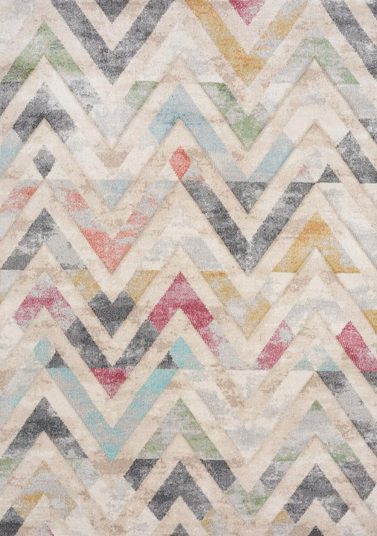 Kalora Interiors - Folio Cream Grey Blue Pink Yellow Distressed Carved Chevron Rug, 710in x 106in - F839/6272 240320 veiw 1