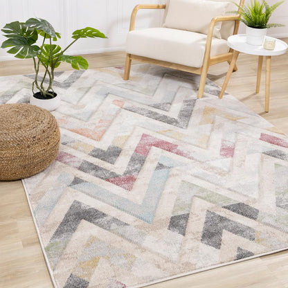 Kalora Interiors - Folio Cream Grey Blue Pink Yellow Distressed Carved Chevron Rug, 710in x 106in - F839/6272 240320 veiw 2