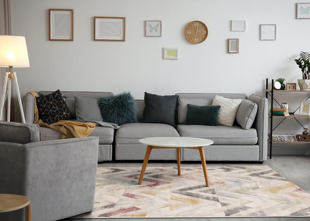 Kalora Interiors - Folio Cream Grey Blue Pink Yellow Distressed Carved Chevron Rug, 710in x 106in - F839/6272 240320 veiw 3