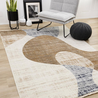 Kalora Interiors - Serene Cream Brown Blue Distressed Curvy Shapes Design Rug, 53in x 710in - H796/4232 160240 veiw 2