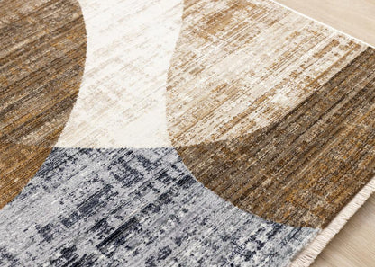 Kalora Interiors - Serene Cream Brown Blue Distressed Curvy Shapes Design Rug, 710in x 102in - H796/4232 240310 veiw 4