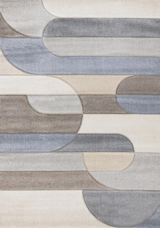 Kalora Interiors - Folio Blue Beige Grey Rounded Geoemetric Overlay Striped Design Rug, 53in x 77in - H823/6242 160230 veiw 1