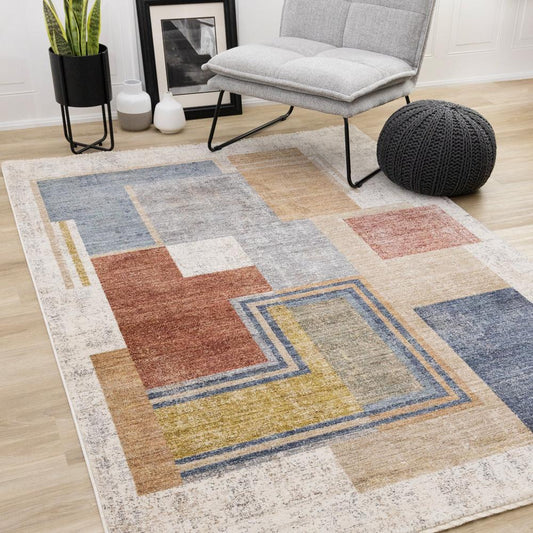 Kalora Interiors - Muse Blue Red Orange Cream Layered Geometric Design Rug, 710in x 102in - H961/2757 240310 veiw 2