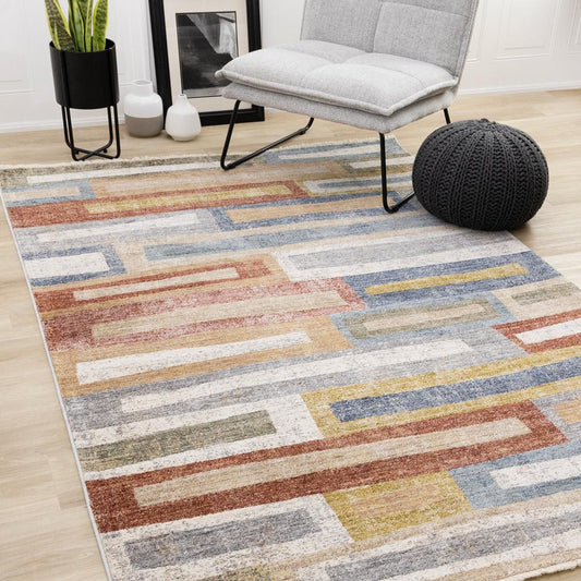 Kalora Interiors - Muse Orange Red Blue Yellow Beige Layered Brick Design Rug, 53in x 710in - H962/2656 160240 veiw 2