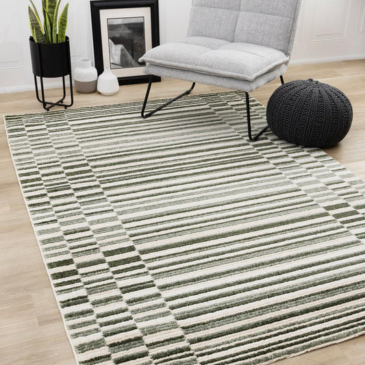 Kalora Interiors - Nala Green Cream Striped Rows Pattern Rug, 53in x 77in - N126/UW81 160230 veiw 2