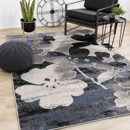 Kalora Interiors - Breeze Blue Cream Black Poppies Rug, 20in x 77in - E188/7717 60230 veiw 2