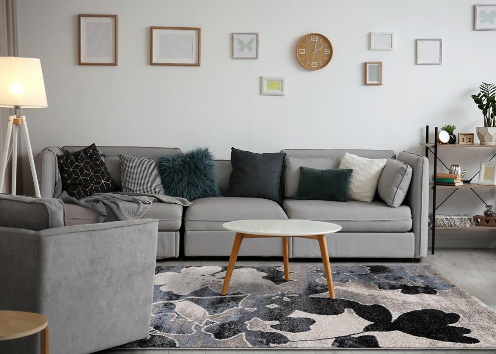 Kalora Interiors - Breeze Blue Cream Black Poppies Rug, 20in x 77in - E188/7717 60230 veiw 3