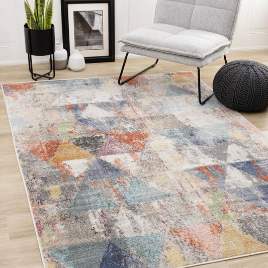 Kalora Interiors - Fresco Distressed Grey Pink Blue Yellow Triangular Pattern Rug, 67in x 96in - F727/6252 200290 veiw 2