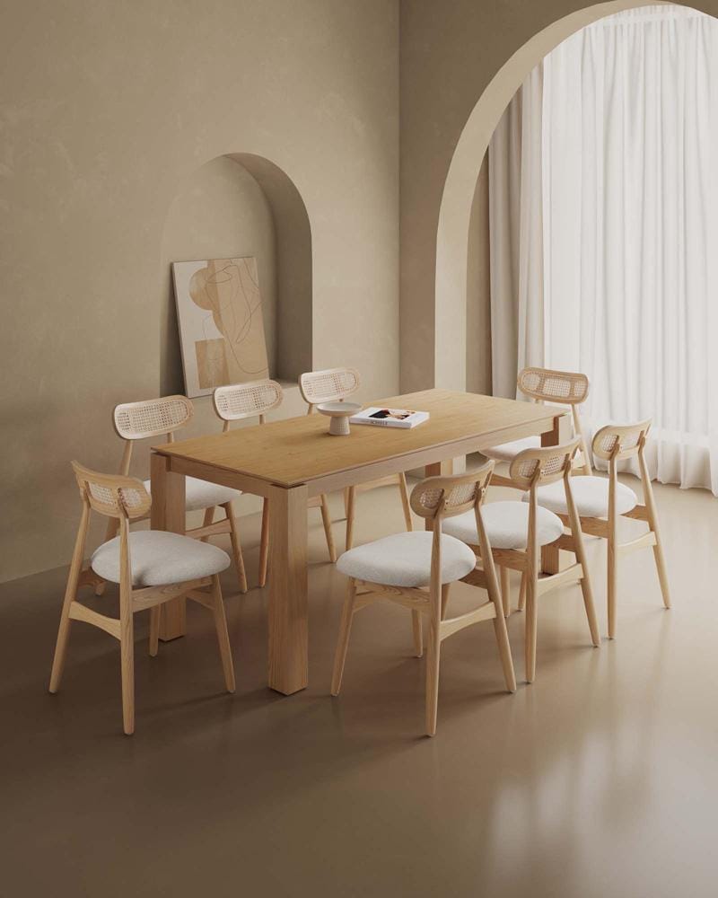 Manhattan Comfort - 9-Piece Colbert and Rockaway Woven Polycotton Dining with Dining Chair - American Ash WoodDining Table - American Solid Ash Wood Legs in Nature and OatmealNature - 8-DT02DCCA02-OM veiw 9