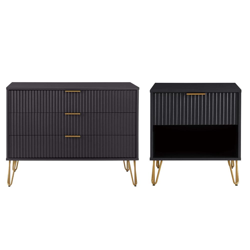 Manhattan Comfort - 2-Piece DUMBO Nightstand and Dresser with 4 Drawers in Black - 2-DB01-BK veiw 1