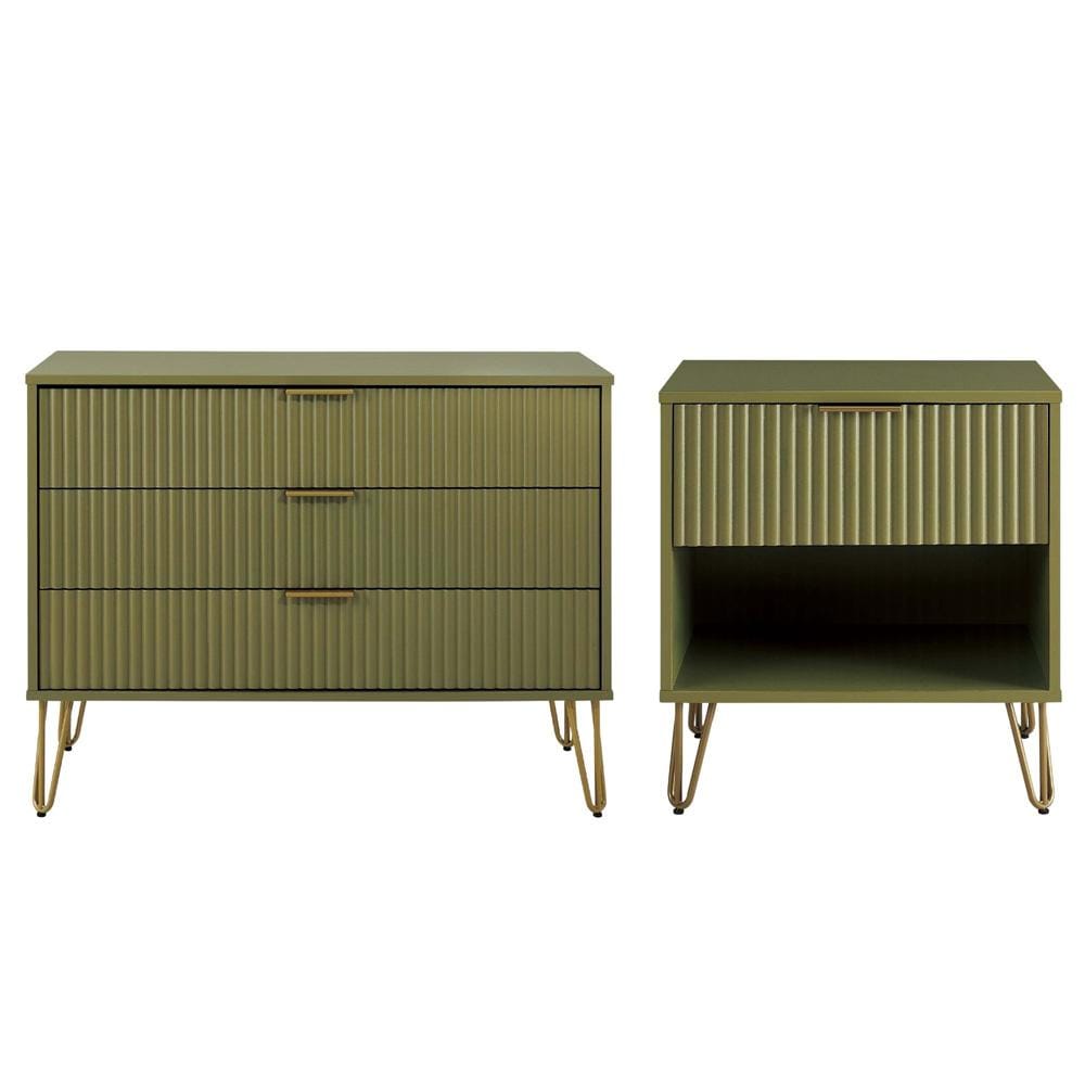 Manhattan Comfort - 2-Piece DUMBO Nightstand and Dresser with 4 Drawers in Olive Green - 2-DB01-OG veiw 1