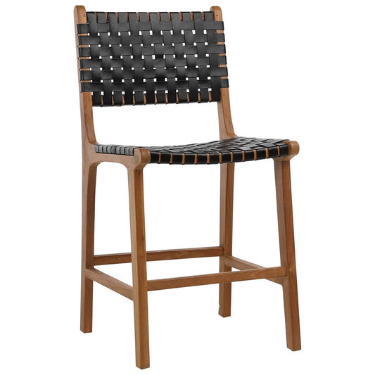 Henry & Mason - Chase Natural Teak Wood and Full Grain Leather Counter Stool in Antique Black - DV7273 veiw 1