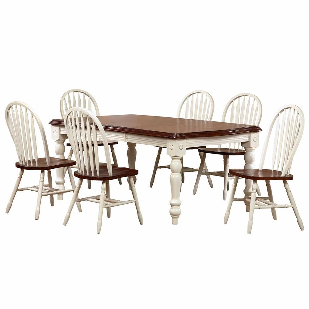 Sunset Trading - Andrews 7 Piece 56-72in Rectangular Extendable Dining Set with Windsor Arrowback Chairs  - Distressed Antique White with Chestnut Bro veiw 1