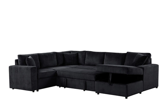 Lilola Home - Ruxley 123inW Black Corduroy Sleeper Sectional Sofa with Right-Facing Storage Chaise and Throw Pillows - 89166 veiw 1