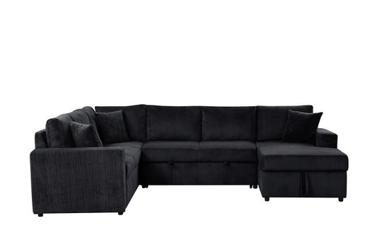 Lilola Home - Ruxley 123inW Black Corduroy Sleeper Sectional Sofa with Right-Facing Storage Chaise and Throw Pillows - 89166 veiw 2