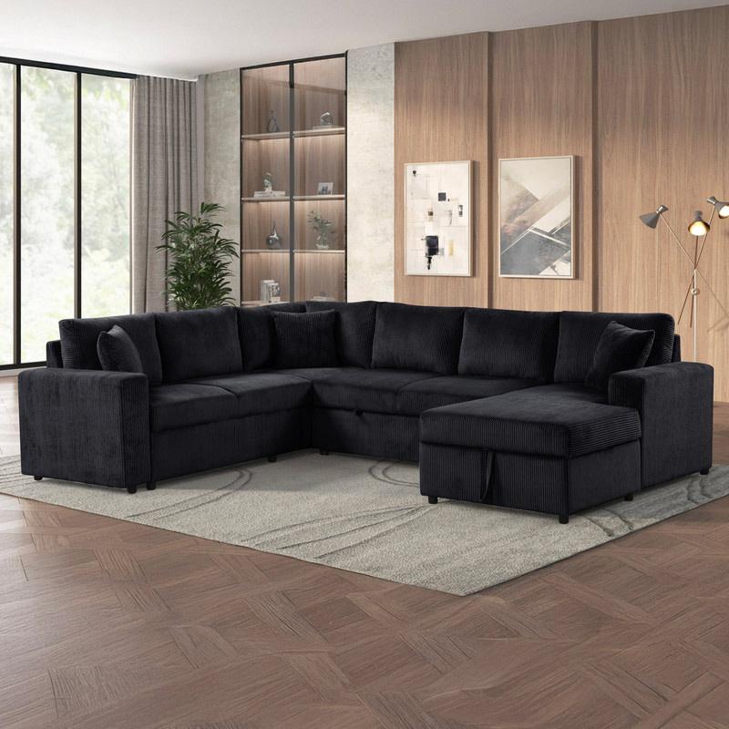 Lilola Home - Ruxley 123inW Black Corduroy Sleeper Sectional Sofa with Right-Facing Storage Chaise and Throw Pillows - 89166 veiw 7
