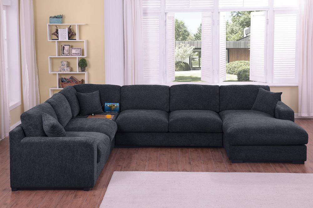 Lilola Home - Celine 128inW Charcoal Chenille Fabric Corner Sectional Sofa with Right-Facing Chaise, Cupholders, and Charging Ports - 89295-1 veiw 3