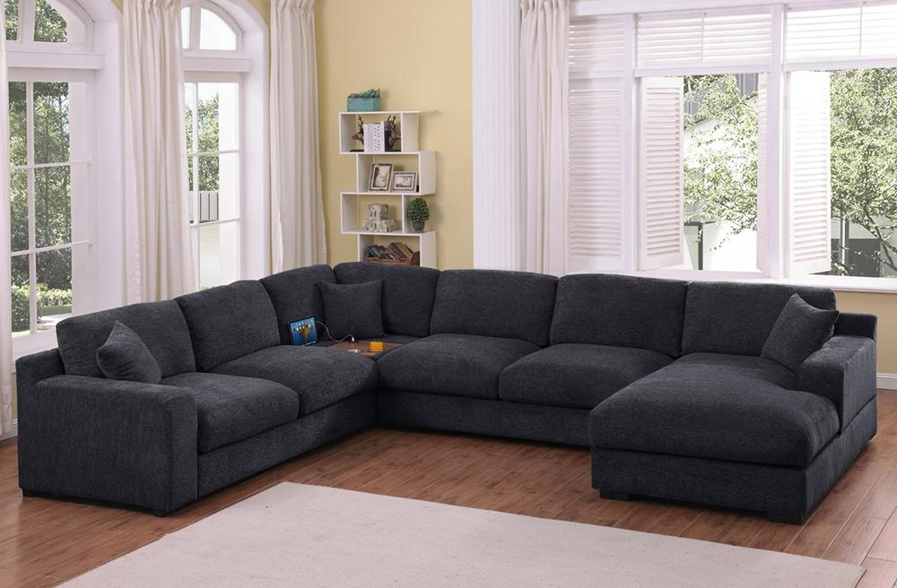 Lilola Home - Celine 128inW Charcoal Chenille Fabric Corner Sectional Sofa with Right-Facing Chaise, Cupholders, and Charging Ports - 89295-1 veiw 4