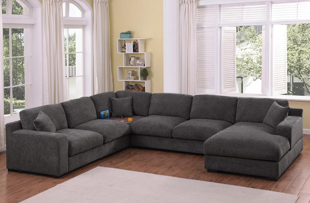 Lilola Home - Celine 128inW Gray Chenille Fabric Corner Sectional Sofa with Right-Facing Chaise, Cupholders, and Charging Ports - 89296-1 veiw 4