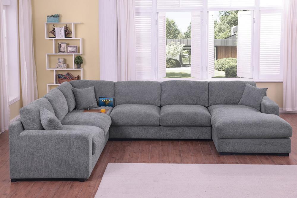 Lilola Home - Celine 128inW Light Gray Chenille Fabric Corner Sectional Sofa with Right-Facing Chaise, Cupholders, and Charging Ports - 89297-1 veiw 3