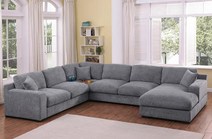 Lilola Home - Celine 128inW Light Gray Chenille Fabric Corner Sectional Sofa with Right-Facing Chaise, Cupholders, and Charging Ports - 89297-1 veiw 4