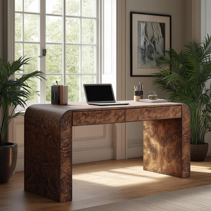 Alder & Tweed - Brea 54 Writing Desk Curved Chocolate Burl Wood, Modern Sculptural Design - AT182-CTB veiw 3