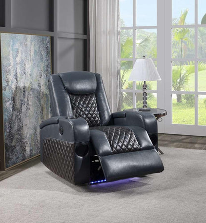 ACME Furniture - Alair Power Motion Recliner w/Bluetooth Speaker & Cooling Cup Holder - Blue & Black Leather Aire - LV02459 veiw 1