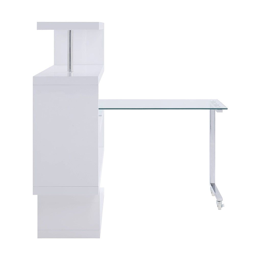 ACME Furniture - Buck II Writing Desk w/Bookshelf - Clear Glass, Chrome & White High Gloss Finish - 93179 veiw 3