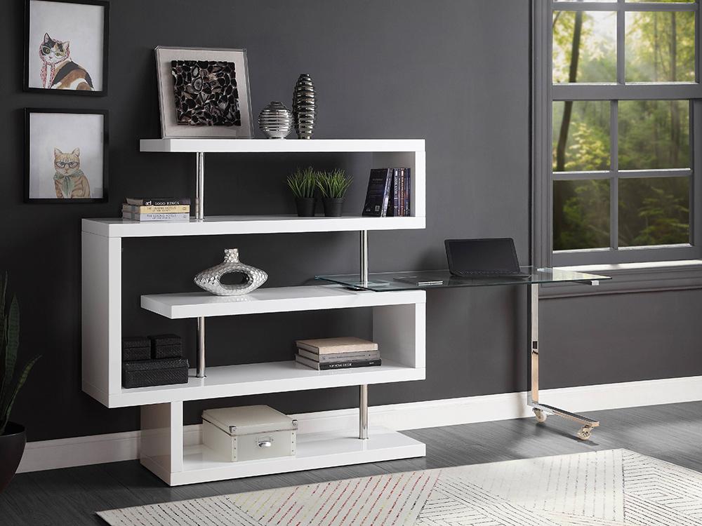 ACME Furniture - Buck II Writing Desk w/Bookshelf - Clear Glass, Chrome & White High Gloss Finish - 93179 veiw 7